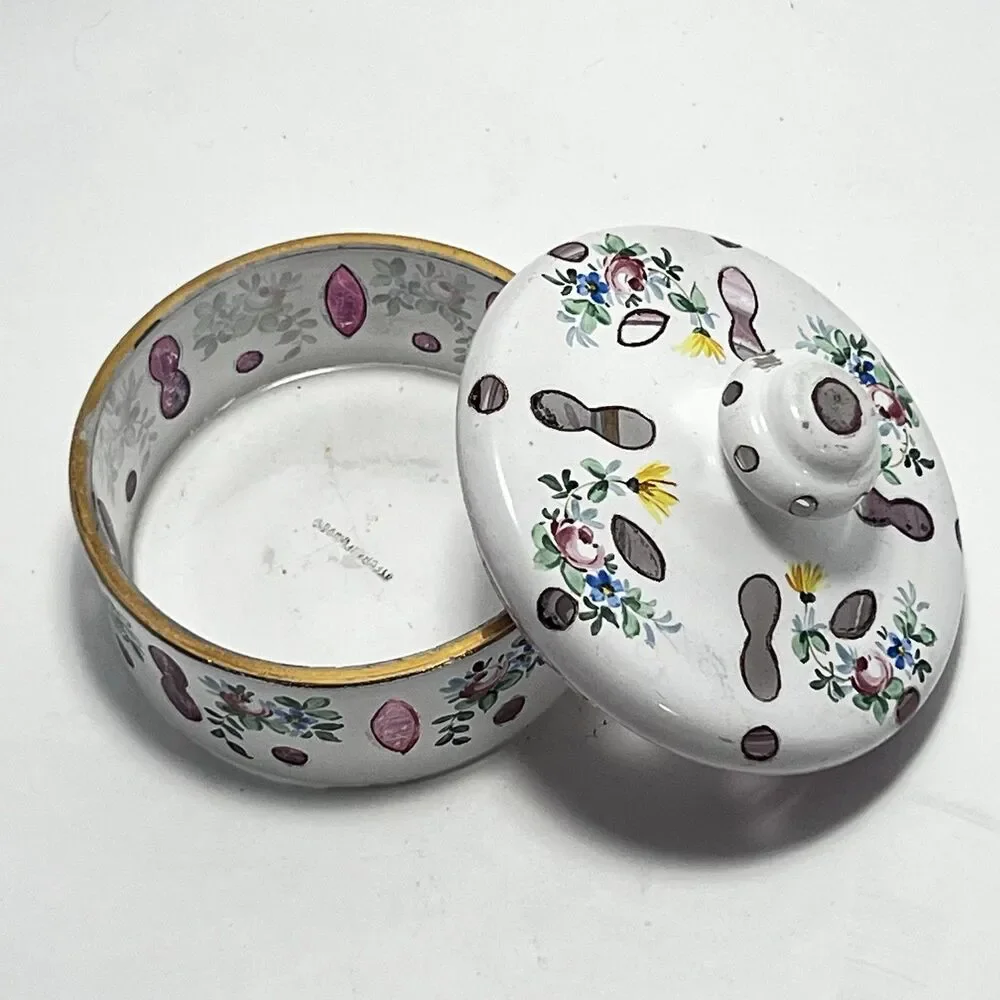VTG Bohemian Czech Cased Milk Glass Hand Painted Trinket / Powder Jar Floral